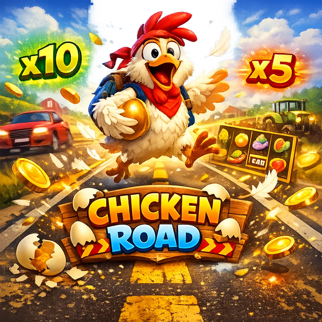 Promotional image for Chicken Road game featuring a funny chicken crossing road lanes with coins and feathers.