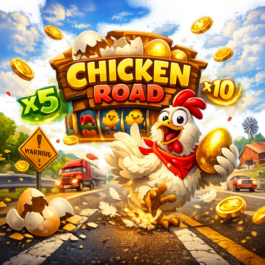 Dynamic promo image for Chicken Road game featuring a funny chicken, road lanes, coins, and playful crash-game energy.