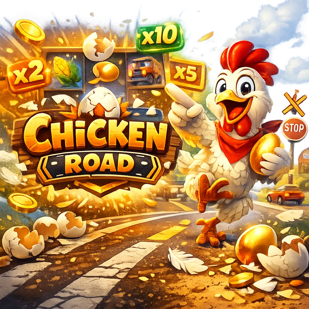 Dynamic promotional image featuring funny chicken, road lanes, eggs and bright gaming elements.