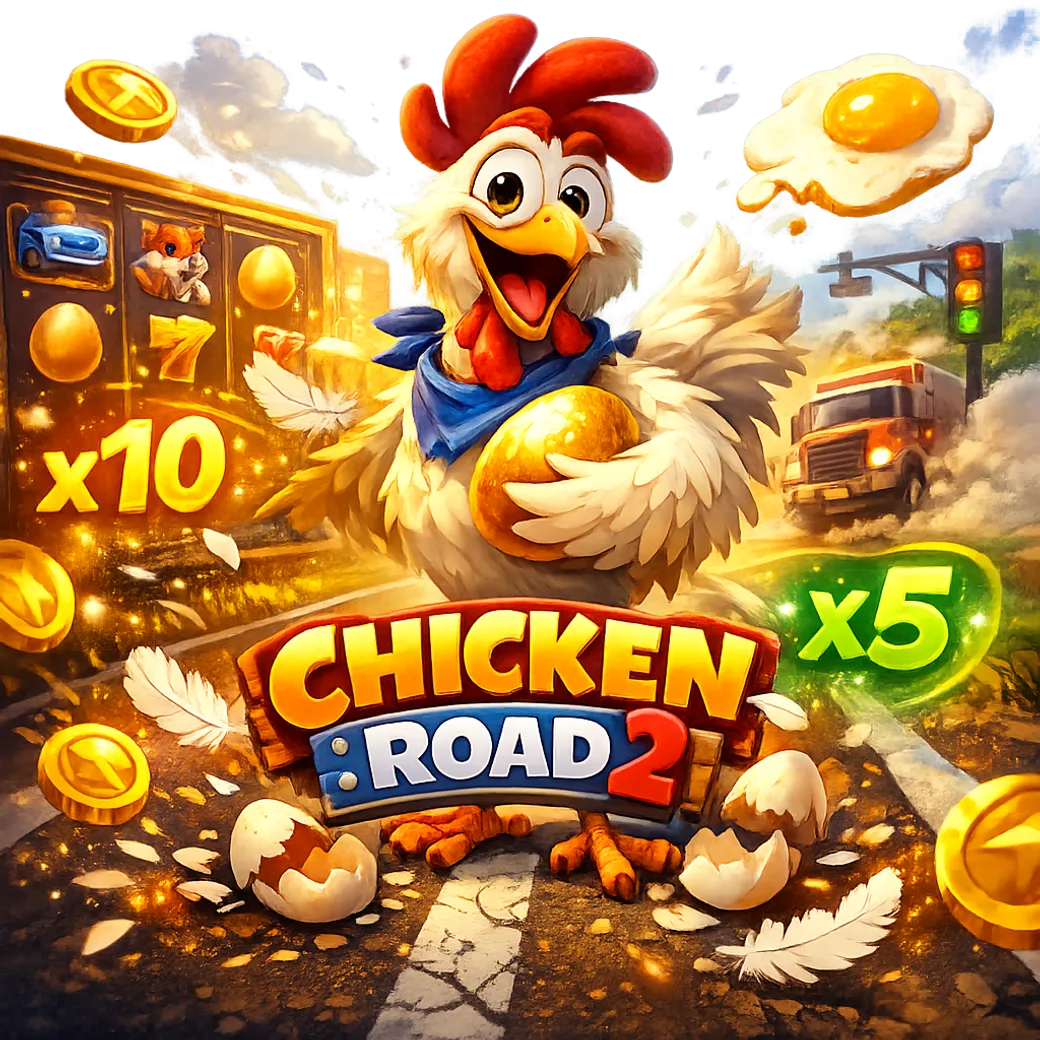 Promotional image for Chicken Road game featuring a playful chicken crossing road lanes with coins and feathers.