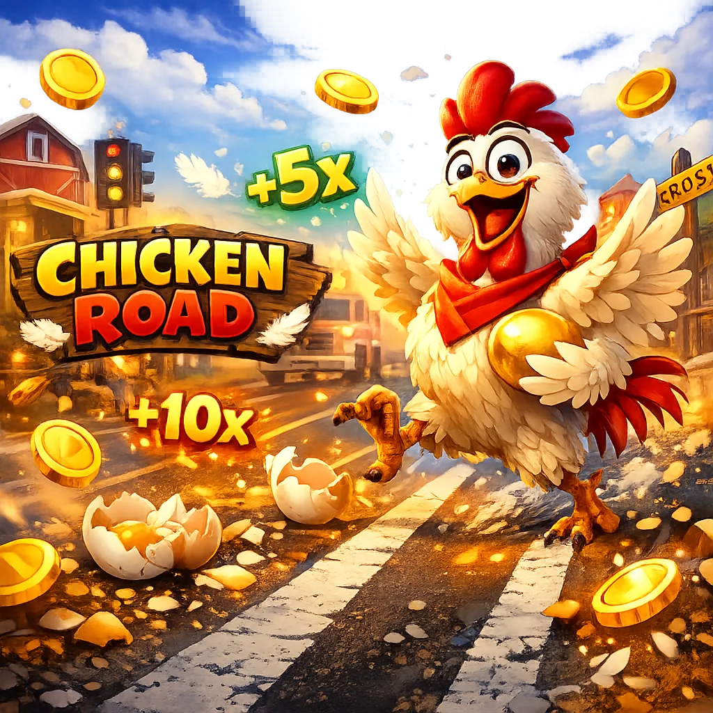Dynamic promotional image featuring Chicken Road slot theme with a funny chicken, road lanes, eggs, and playful casino energy